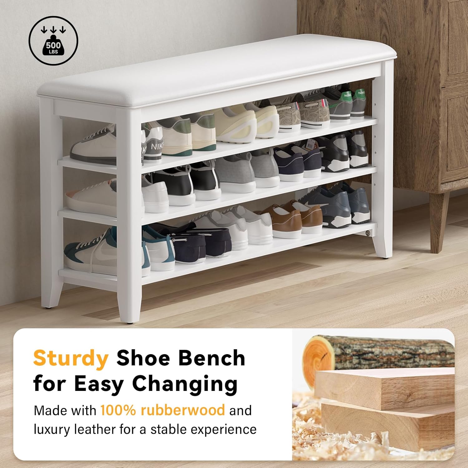 TAITIY 39.4-Inch White Leather Cushion Shoe Storage Bench