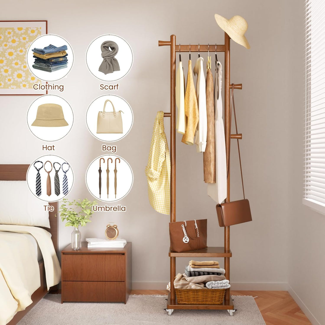 TAITIY Rolling Wood Clothes Rack with Wheels, 2 Shelves, 5 Hooks, Size S, Walnut Brown