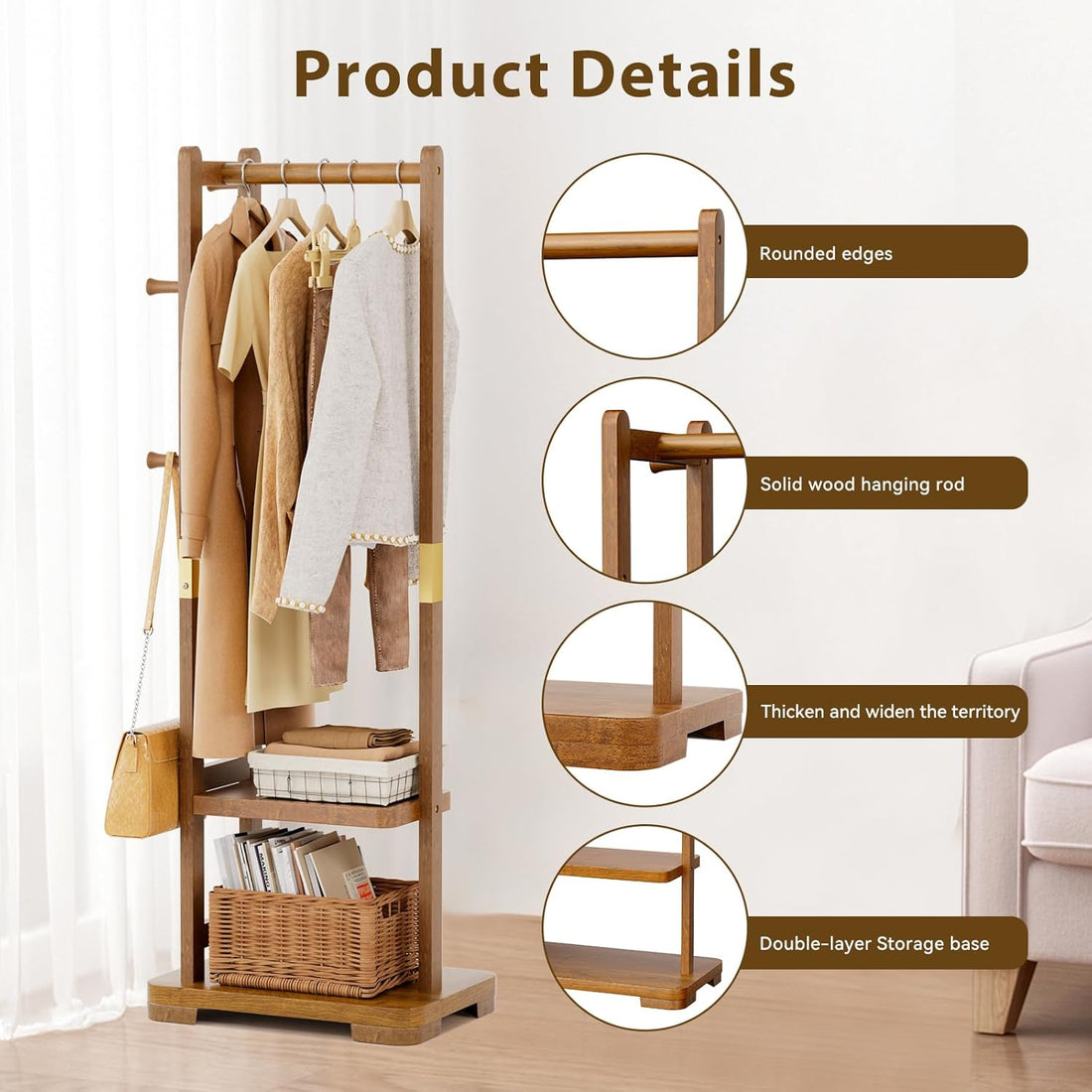 TAITIY Solid Wood Clothes Rack, 2 Shelves & 4 Hooks, Size S 18.11" Wide, Walnut Brown