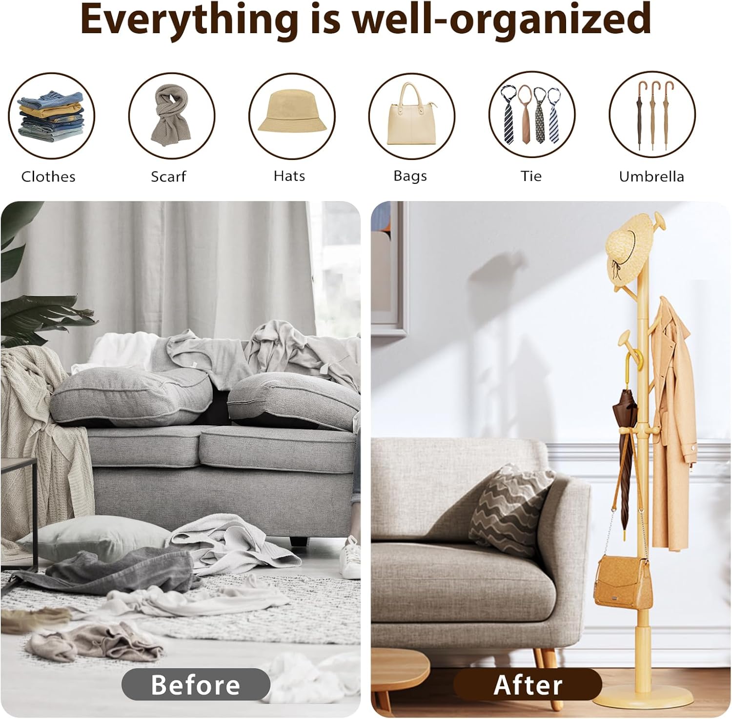 TAITIY 70.5" Solid Wood Coat Tree, 10 Hooks, Natural