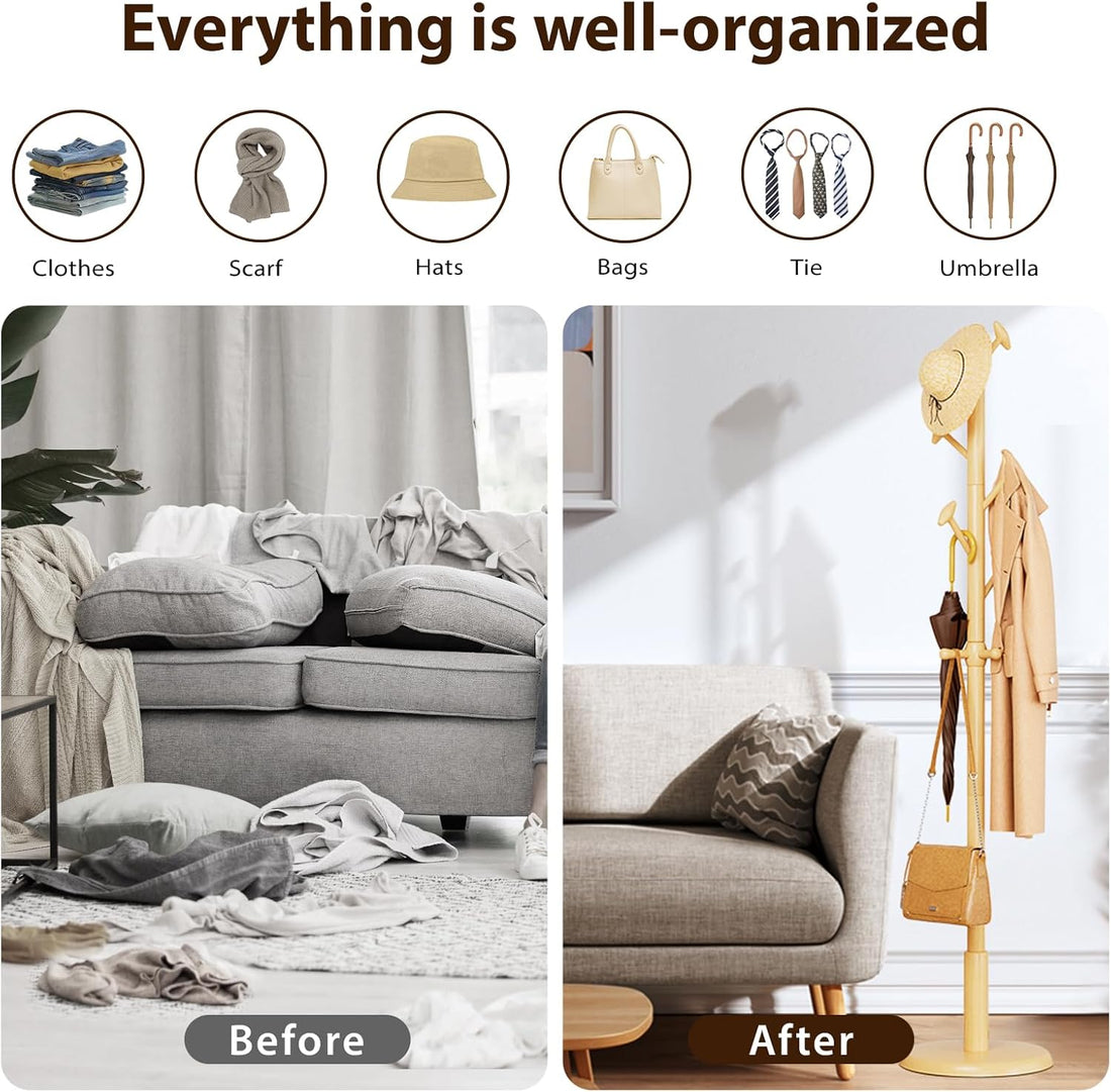 TAITIY 70.5" Solid Wood Coat Tree, 10 Hooks, Natural