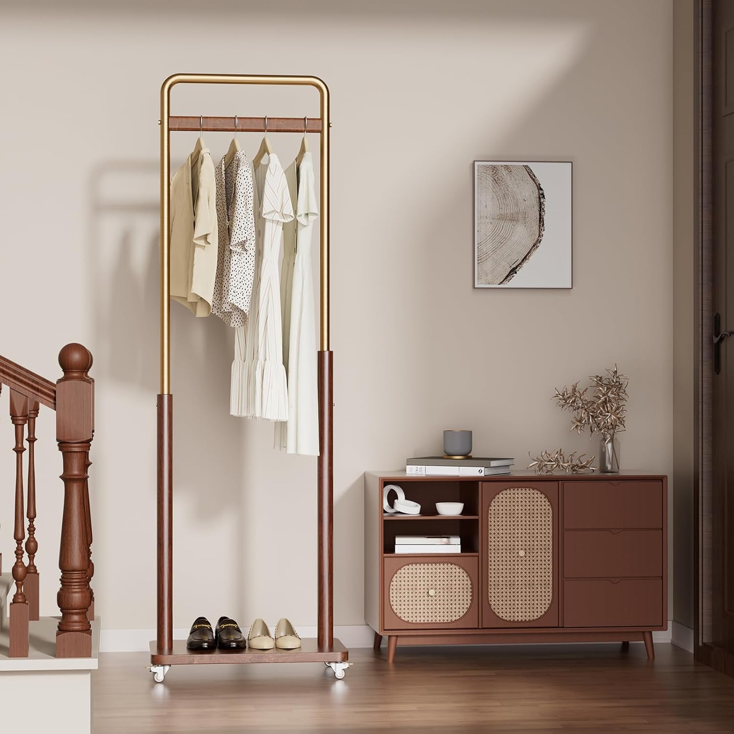 TAITIY Metal & Solid Wood Clothes Rack with Wheels, Wide 18.9" Wide, Walnut Accent