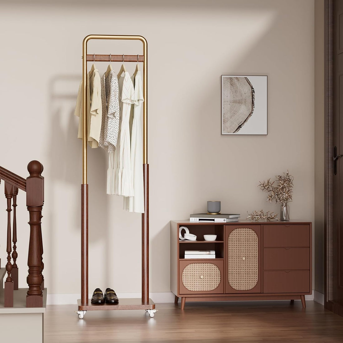 TAITIY Metal & Solid Wood Clothes Rack with Wheels, Slim 15.7" Wide, Walnut Accent