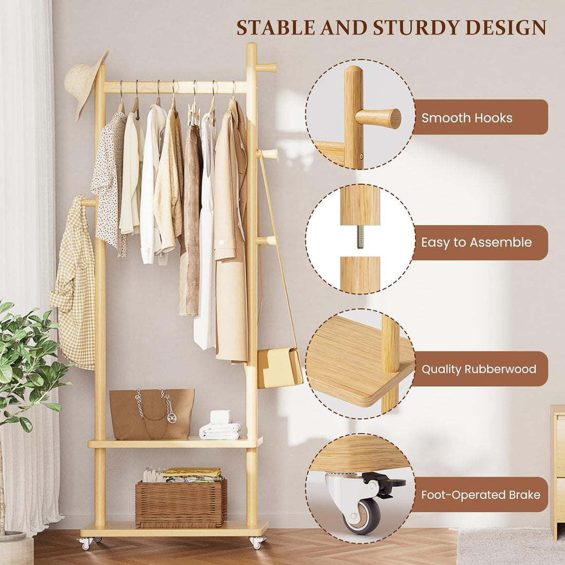 TAITIY Rolling Wood Clothes Rack, 2 Shelves, 5 Hooks, Size L, Natural