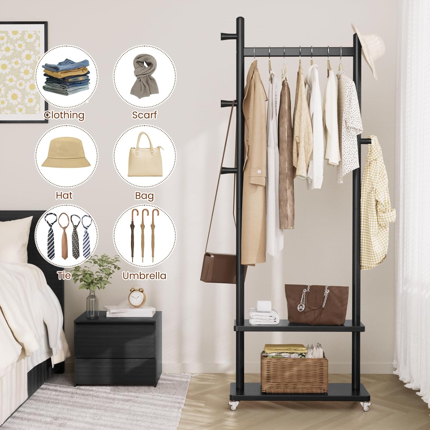 TAITIY Rolling Wood Clothes Rack, 2 Shelves, 5 Hooks, Size L, Black