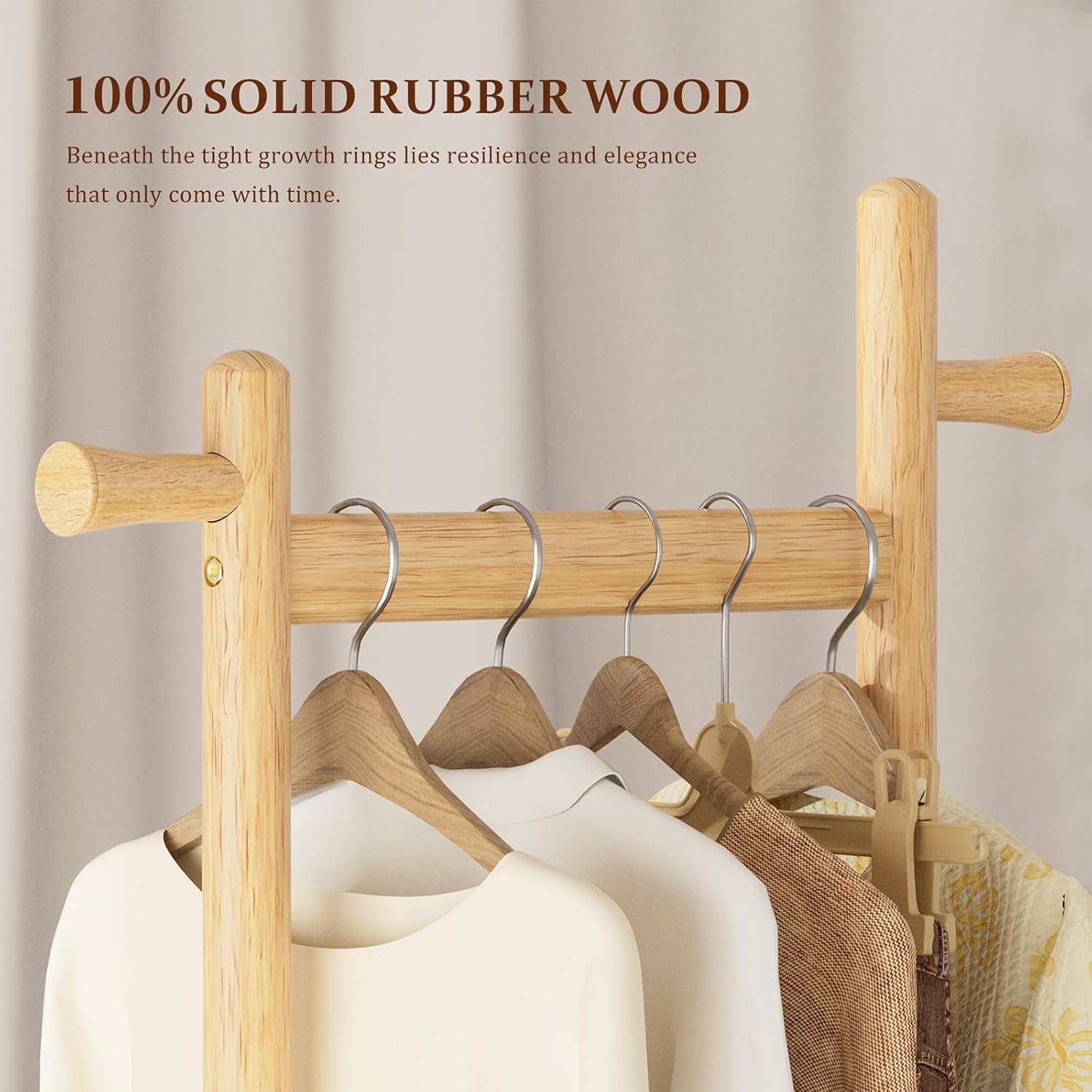 TAITIY Rolling Wood Clothes Rack, 2 Shelves, 5 Hooks, Size S, Natural