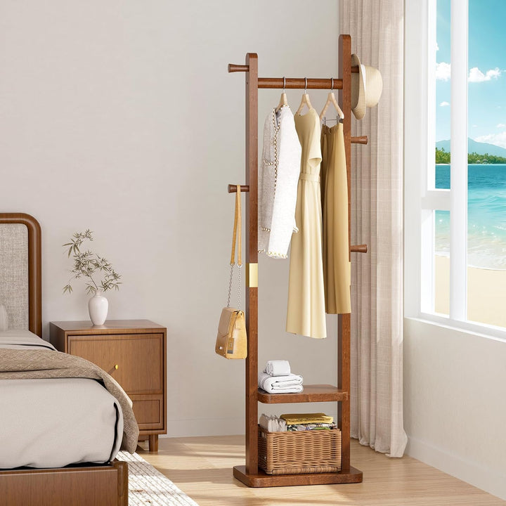 TAITIY Solid Wood Clothes Rack with 2 Shelves & 5 Hooks, Size S, Walnut Brown