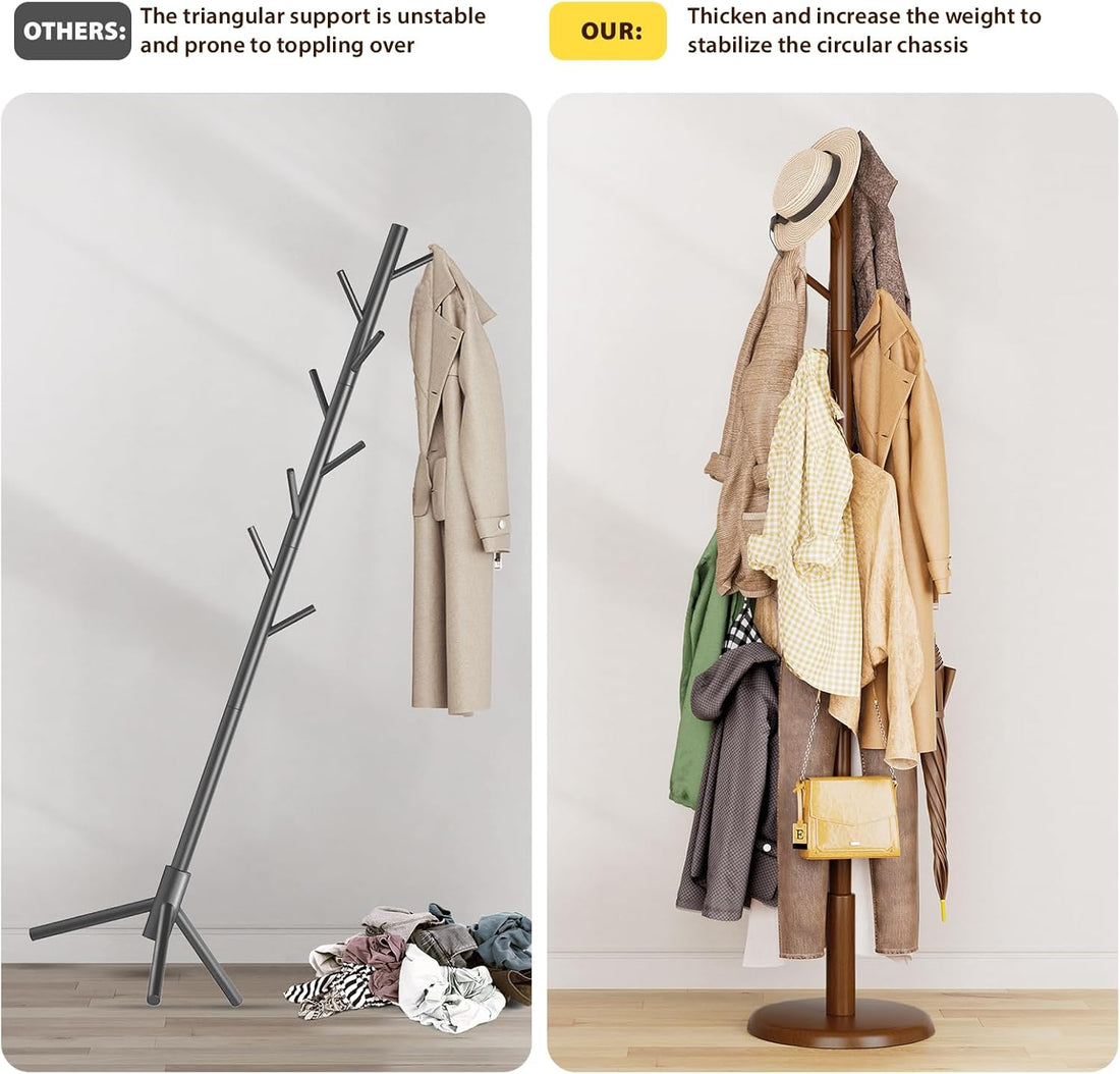 TAITIY 70.5" Solid Wood Coat Tree, 10 Hooks, Walnut Brown