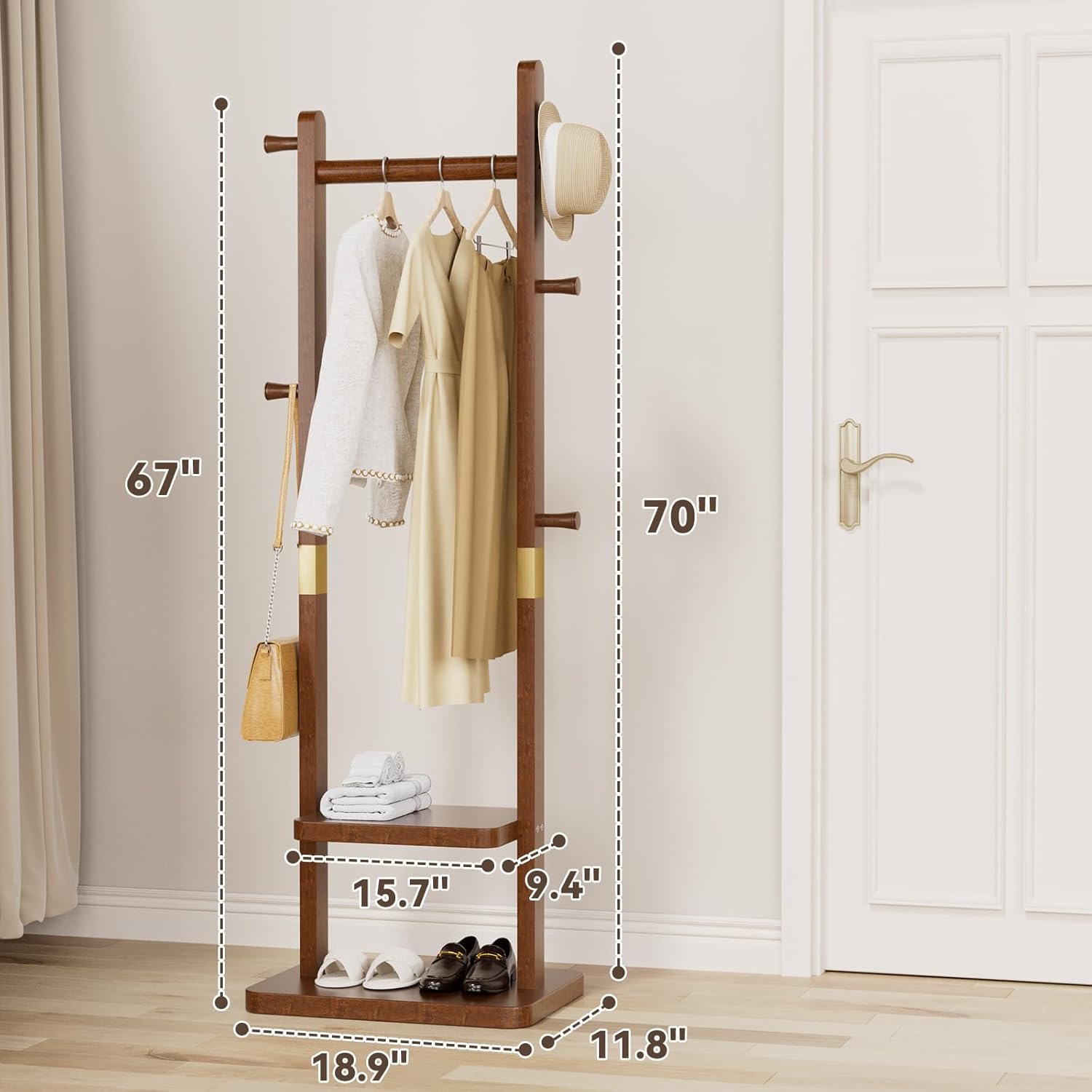 TAITIY Solid Wood Clothes Rack with 2 Shelves & 5 Hooks, Size L, Walnut Brown