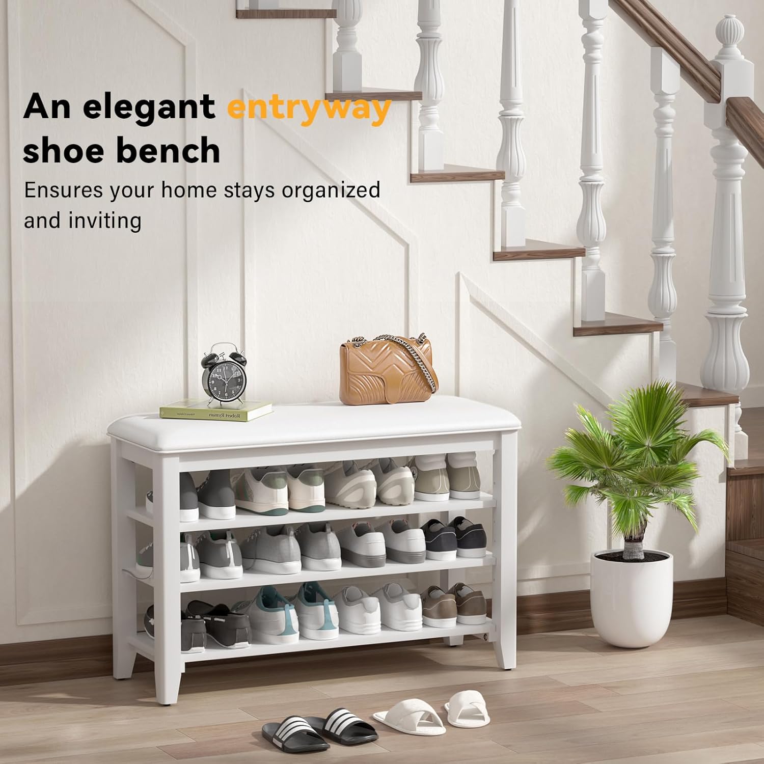 TAITIY 31.5-Inch White Leather Cushion Shoe Storage Bench