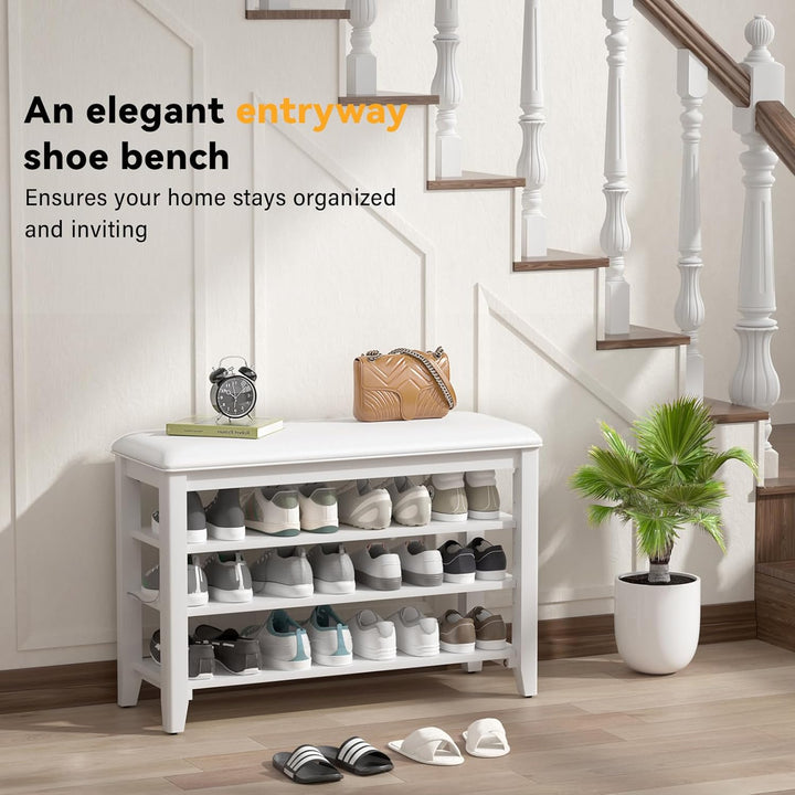 TAITIY 31.5-Inch White Leather Cushion Shoe Storage Bench