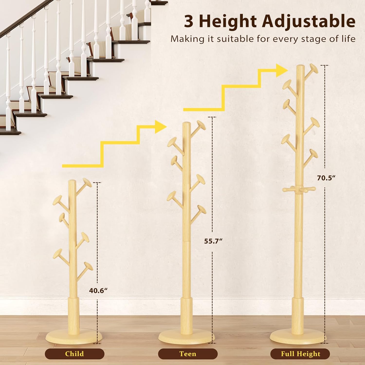 TAITIY 70.5" Solid Wood Coat Tree, 10 Hooks, Natural