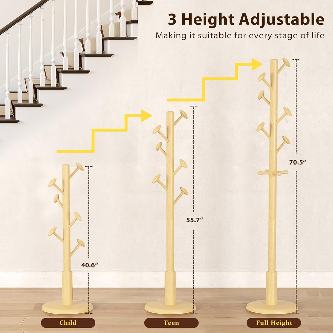 TAITIY 70.5" Solid Wood Coat Tree, 10 Hooks, Natural