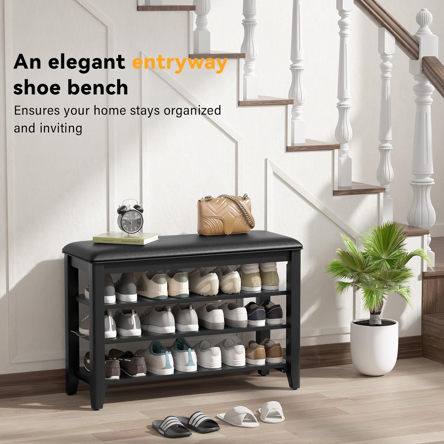 TAITIY 31.5-Inch Black Leather Cushion Shoe Storage Bench