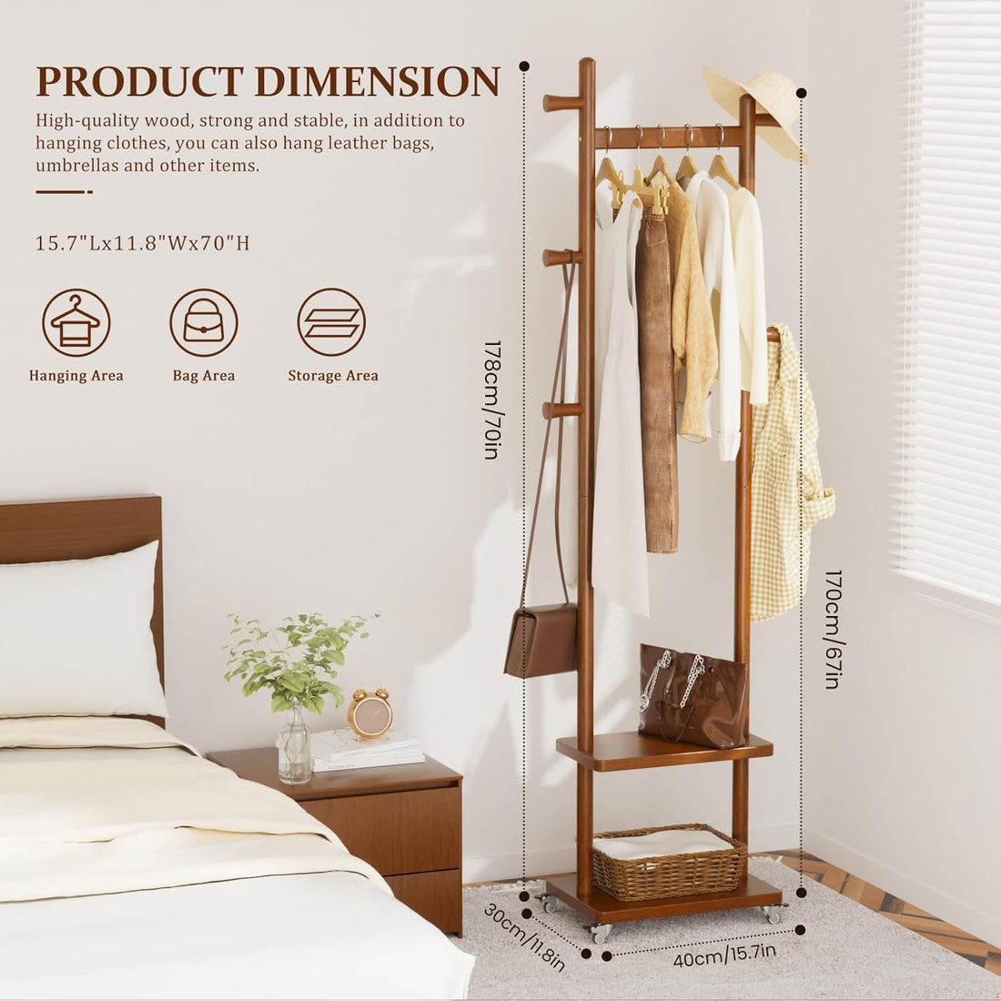 TAITIY Rolling Wood Clothes Rack with Wheels, 2 Shelves, 5 Hooks, Size S, Walnut Brown