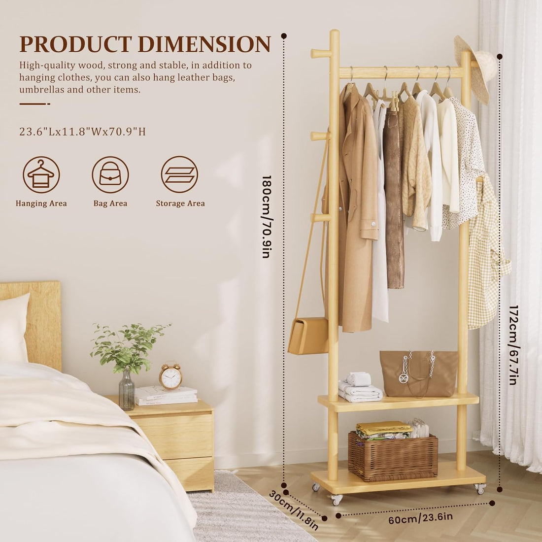 TAITIY Rolling Wood Clothes Rack, 2 Shelves, 5 Hooks, Size L, Natural