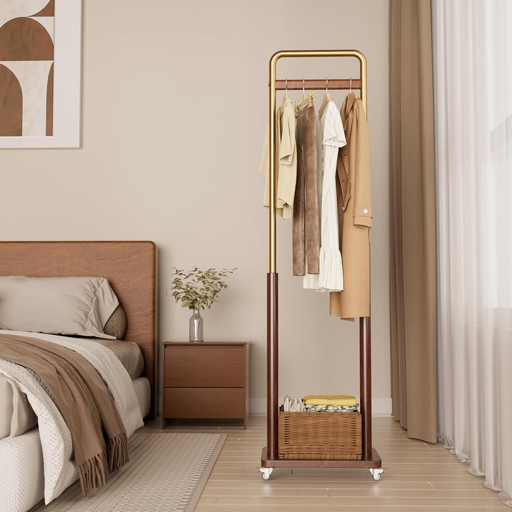 TAITIY Metal & Solid Wood Clothes Rack with Wheels, Slim 15.7" Wide, Walnut Accent