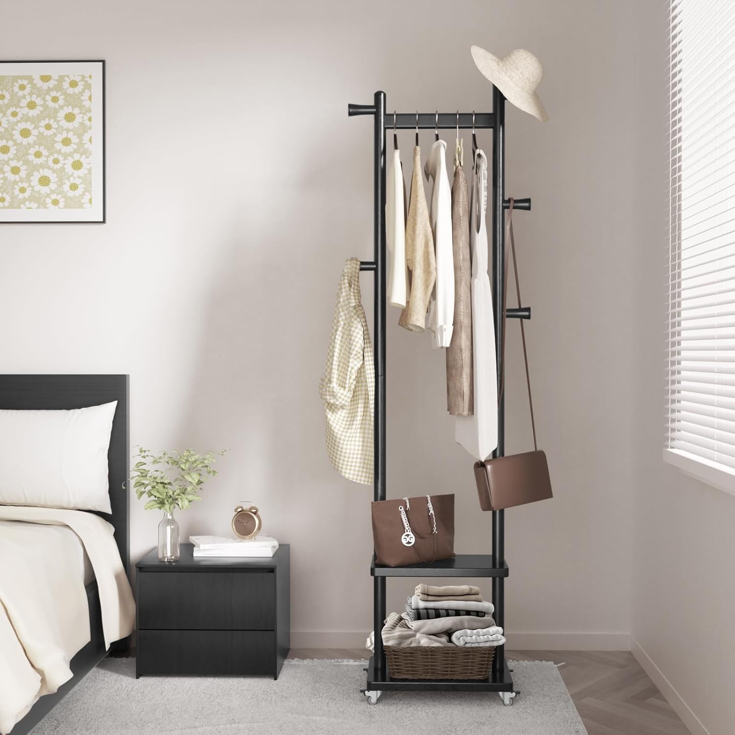 TAITIY Rolling Wood Clothes Rack, 2 Shelves, 5 Hooks, Size S, Black