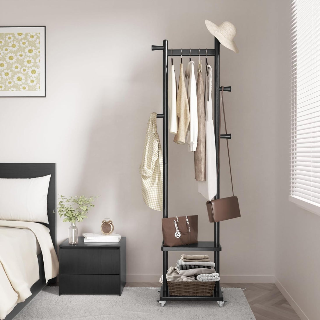 TAITIY Rolling Wood Clothes Rack, 2 Shelves, 5 Hooks, Size S, Black