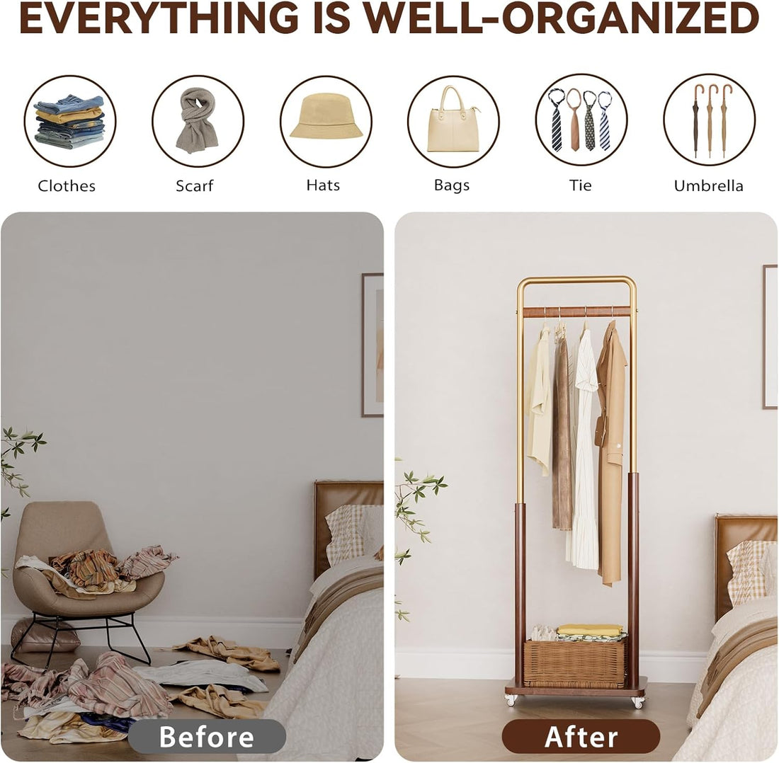 TAITIY Metal & Solid Wood Clothes Rack with Wheels, Wide 18.9" Wide, Walnut Accent