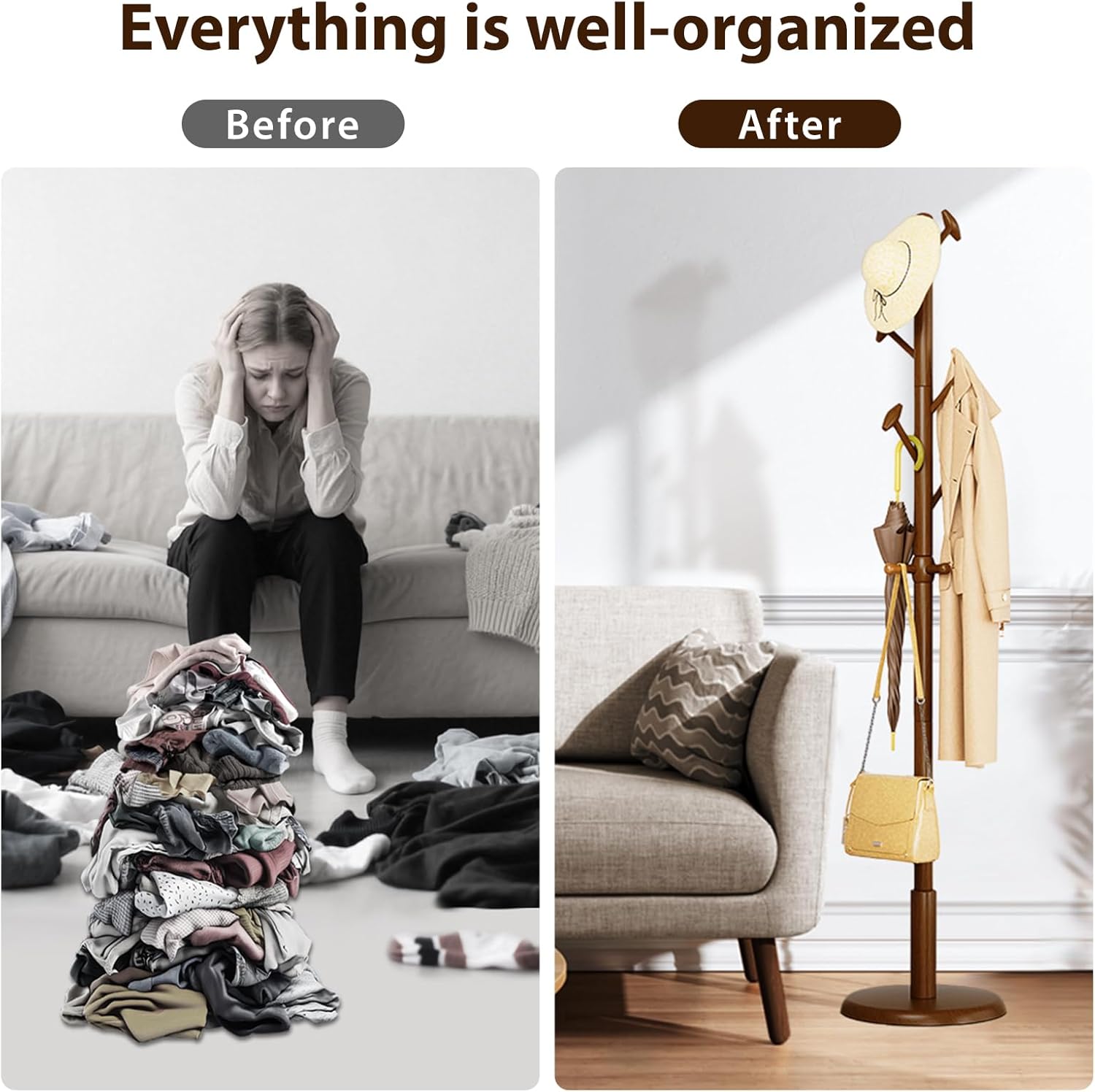 TAITIY 70.5" Solid Wood Coat Tree, 10 Hooks, Walnut Brown