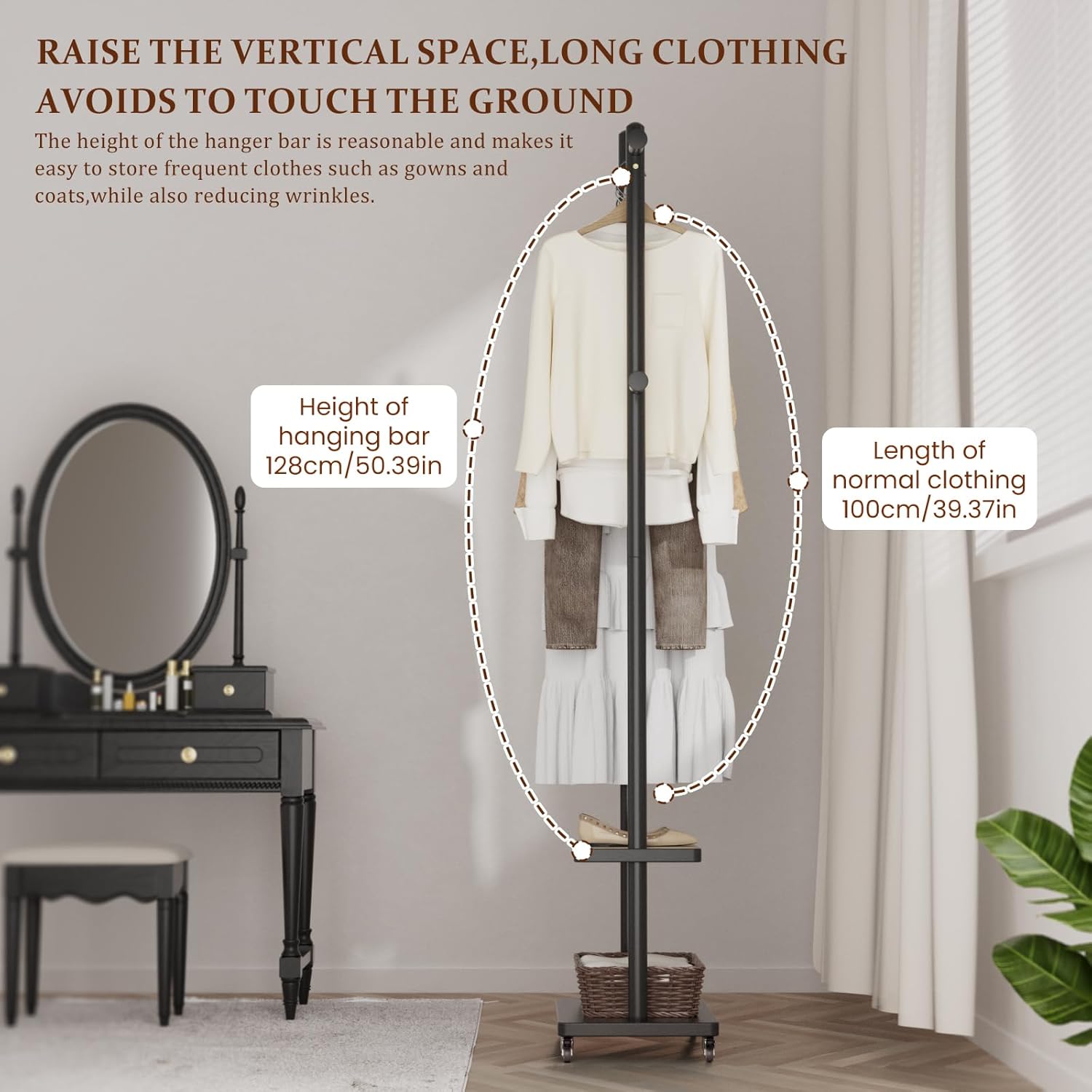 TAITIY Rolling Wood Clothes Rack, 2 Shelves, 5 Hooks, Size S, Black