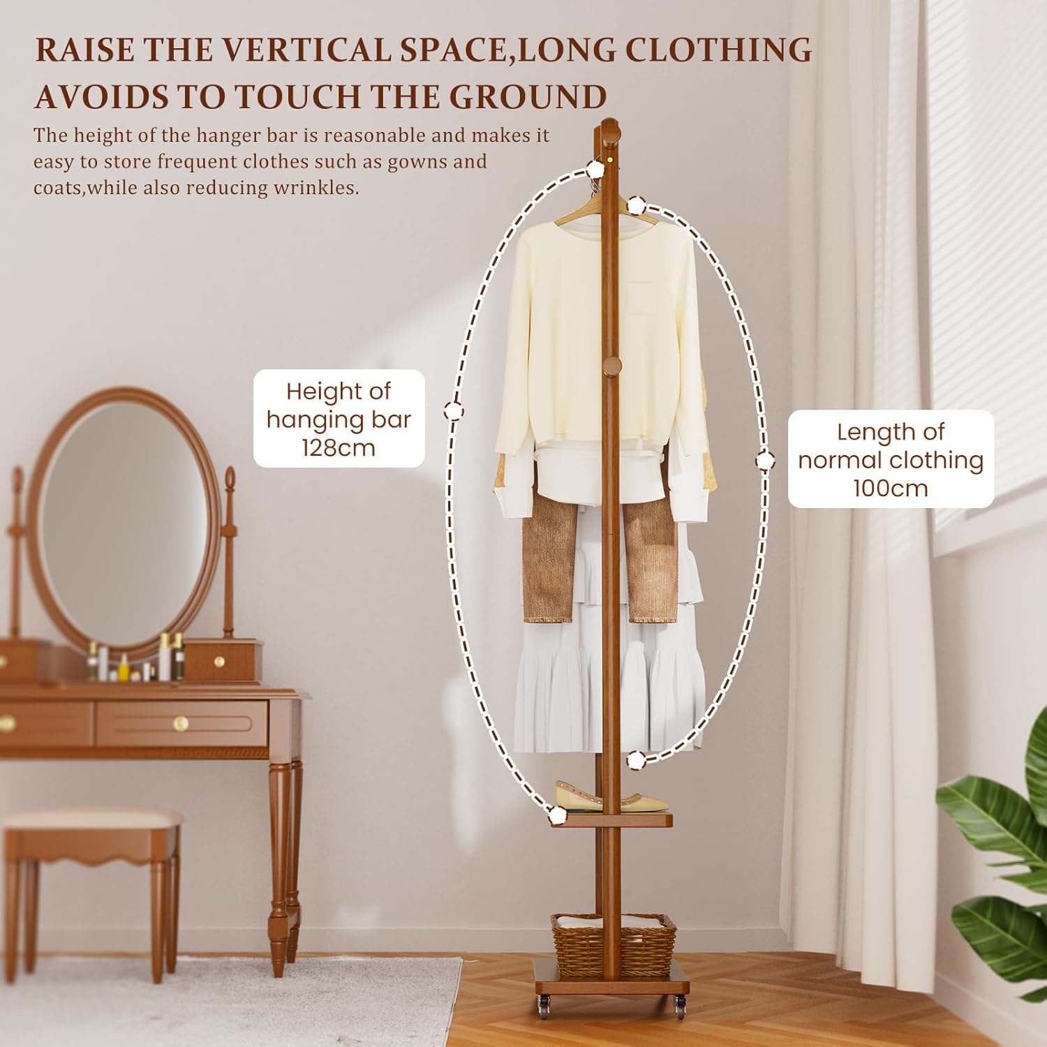 TAITIY Rolling Wood Clothes Rack with Wheels, 2 Shelves, 5 Hooks, Size S, Walnut Brown