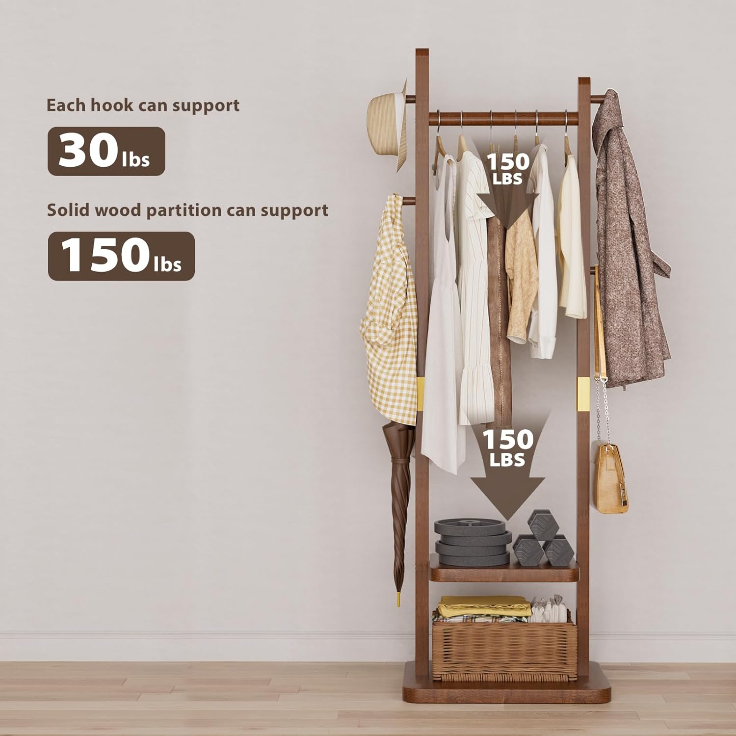 TAITIY Solid Wood Clothes Rack with 2 Shelves & 5 Hooks, Size L, Walnut Brown