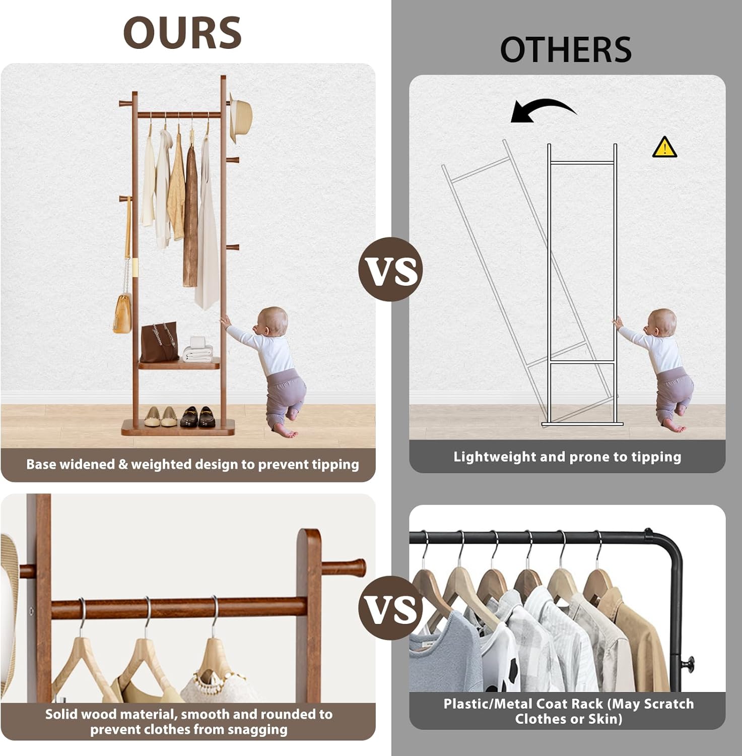 TAITIY Solid Wood Clothes Rack with 2 Shelves & 5 Hooks, Size S, Walnut Brown