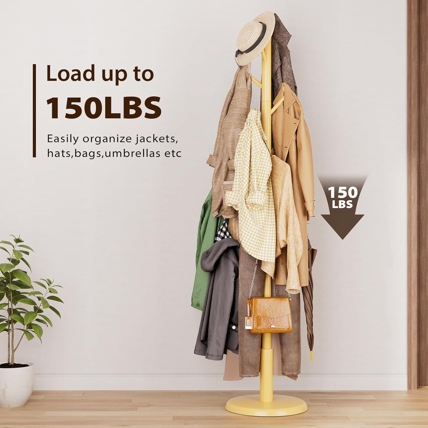 TAITIY 70.5" Solid Wood Coat Tree, 10 Hooks, Natural