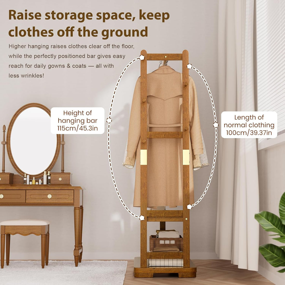 TAITIY Solid Wood Clothes Rack, 2 Shelves & 4 Hooks, Size L 25.98" Wide, Walnut Brown