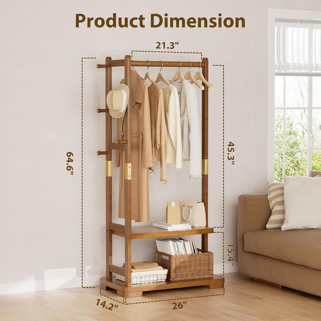 TAITIY Solid Wood Clothes Rack, 2 Shelves & 4 Hooks, Size L 25.98" Wide, Walnut Brown