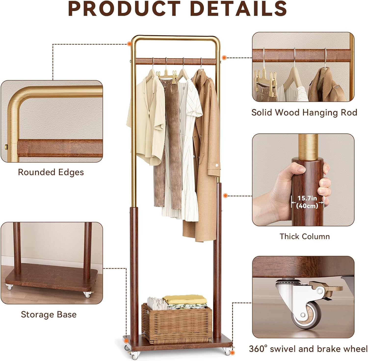 TAITIY Metal & Solid Wood Clothes Rack with Wheels, Wide 18.9" Wide, Walnut Accent