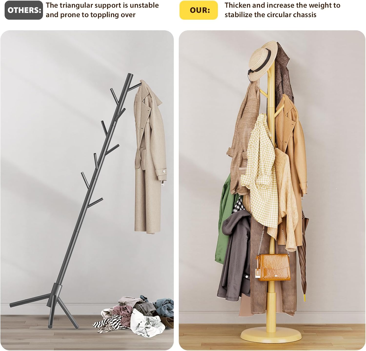 TAITIY 70.5" Solid Wood Coat Tree, 10 Hooks, Natural