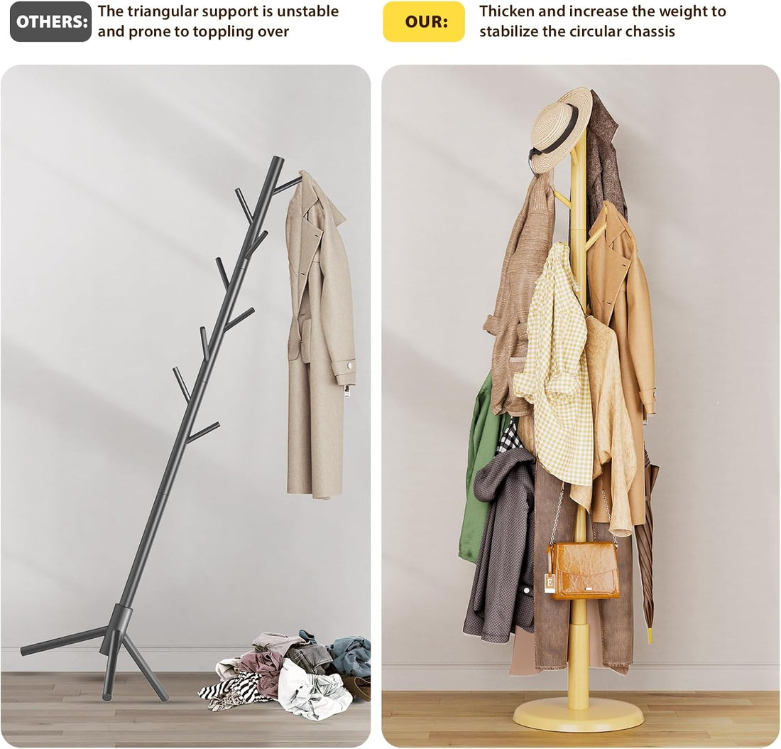 TAITIY 70.5" Solid Wood Coat Tree, 10 Hooks, Natural