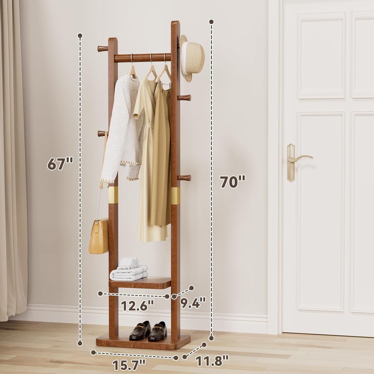 TAITIY Solid Wood Clothes Rack with 2 Shelves & 5 Hooks, Size S, Walnut Brown