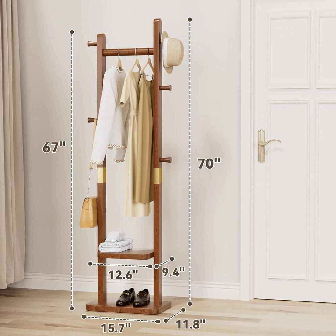 TAITIY Solid Wood Clothes Rack with 2 Shelves & 5 Hooks, Size S, Walnut Brown