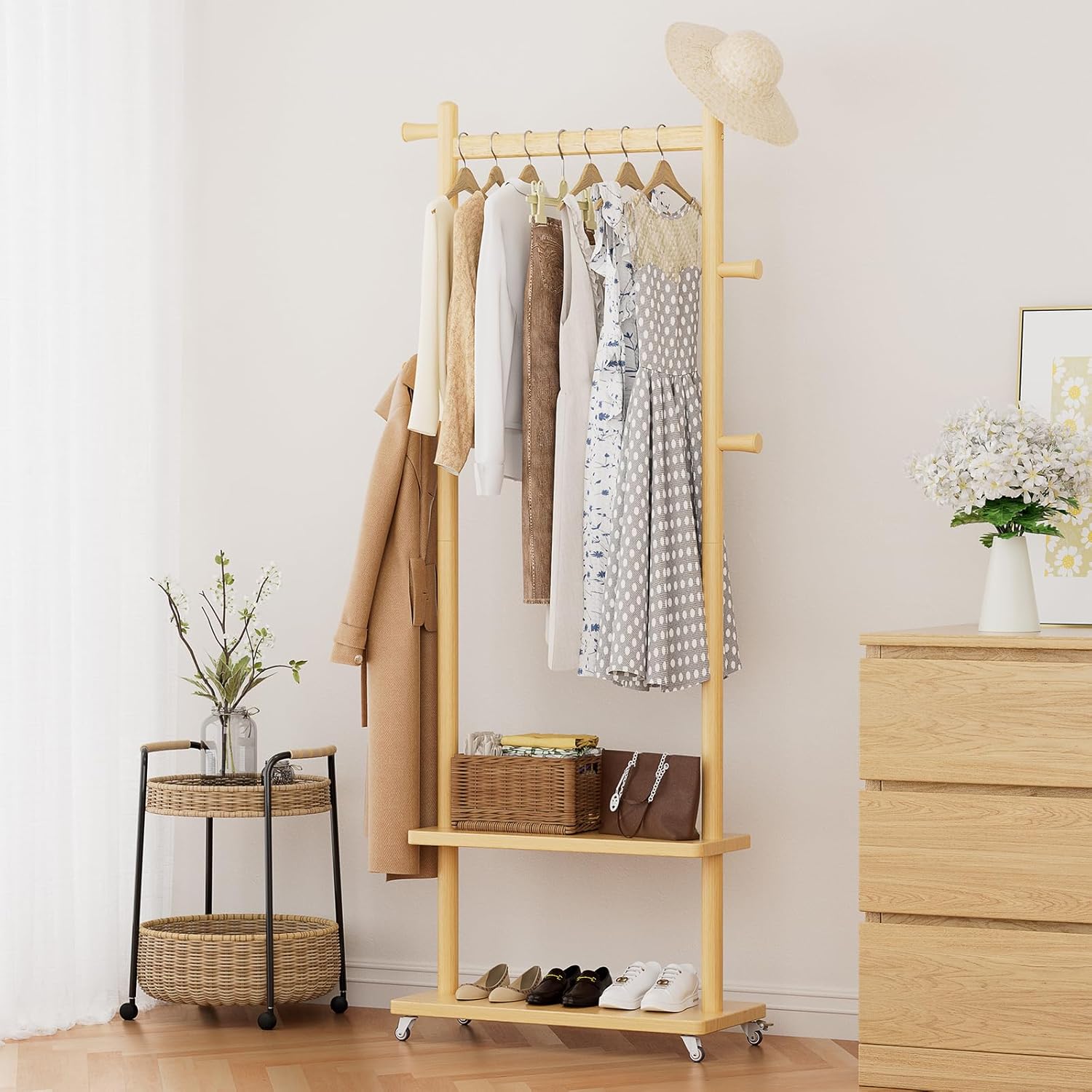 TAITIY Rolling Wood Clothes Rack, 2 Shelves, 5 Hooks, Size L, Natural