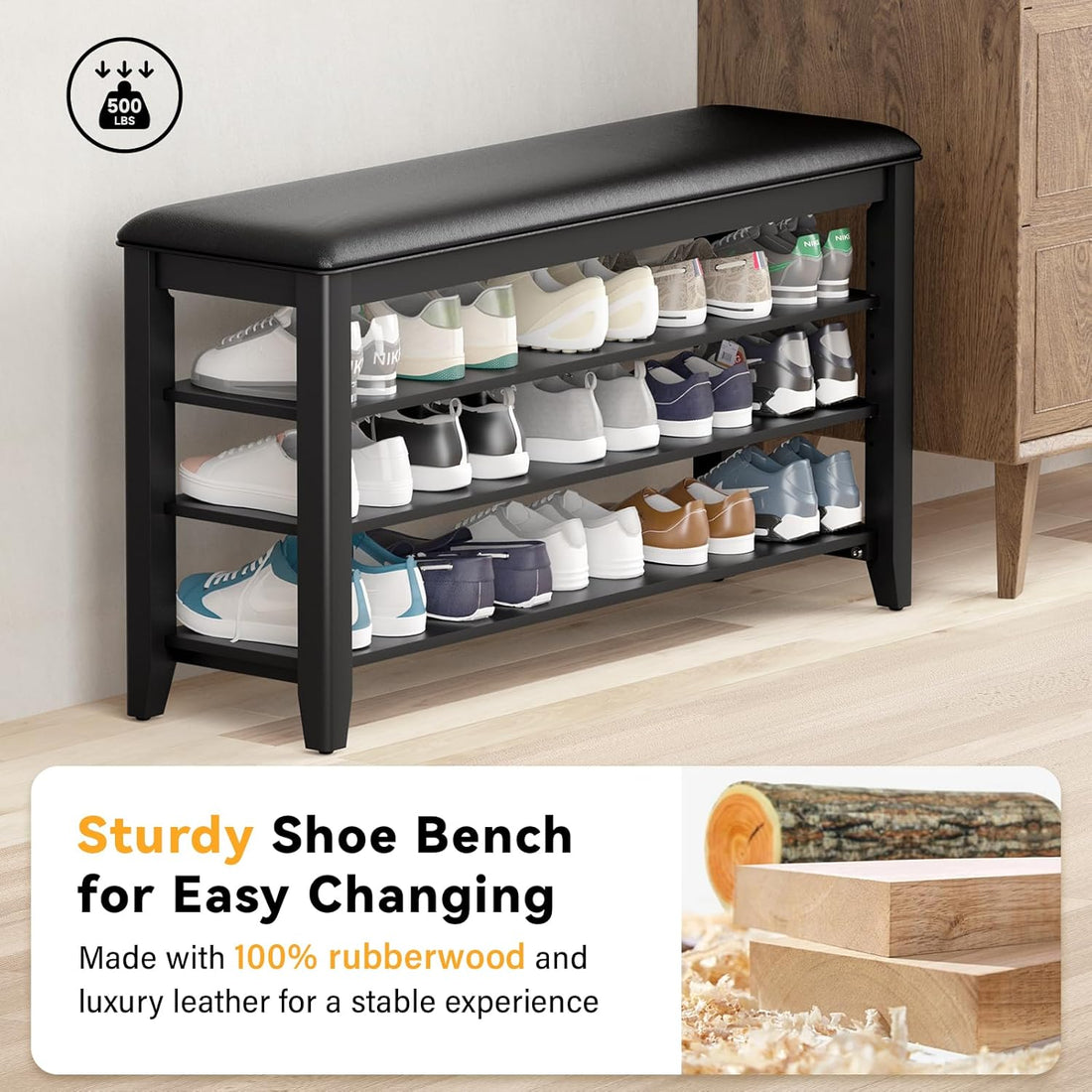 TAITIY 39.4-Inch Black Leather Cushion Shoe Storage Bench