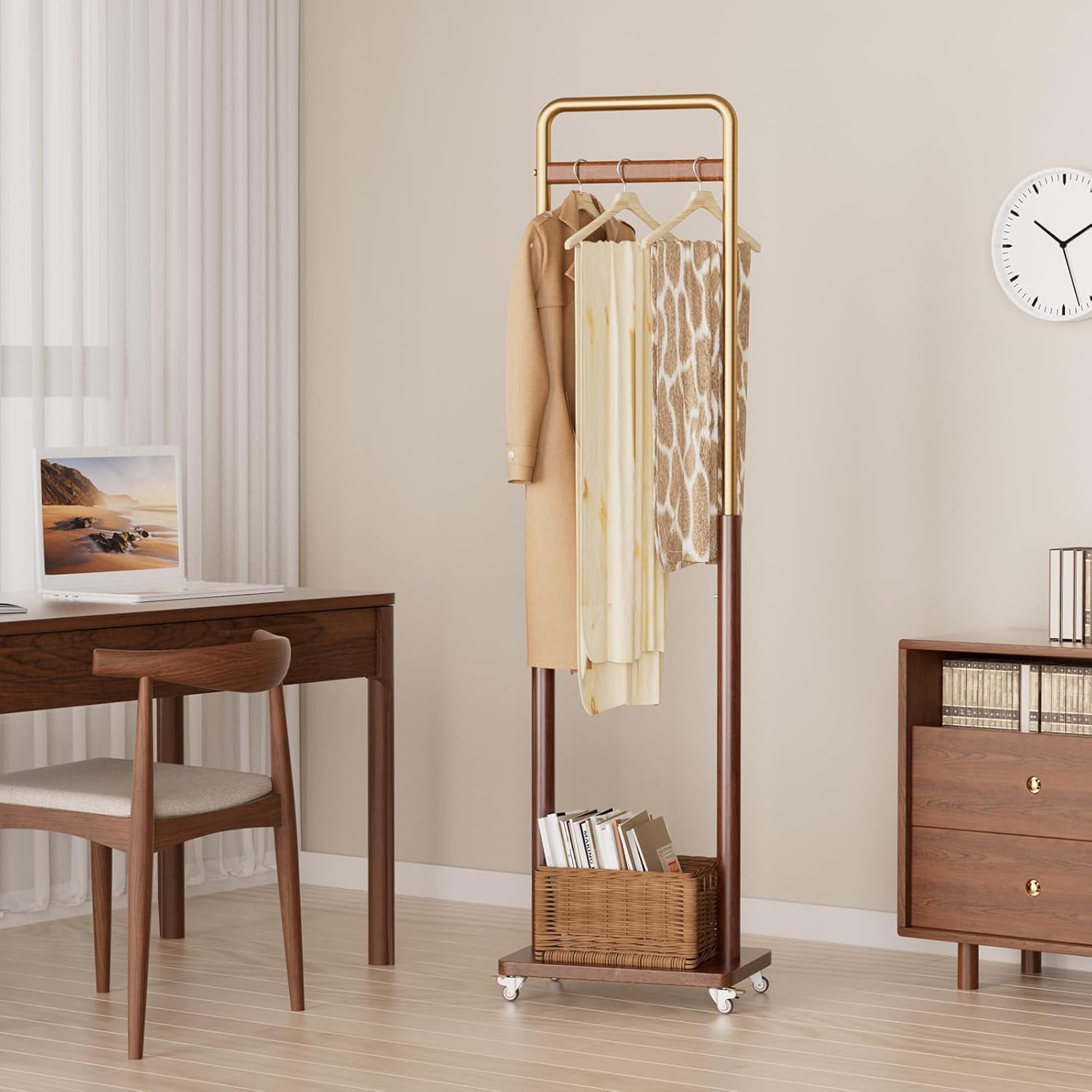 TAITIY Metal & Solid Wood Clothes Rack with Wheels, Slim 15.7" Wide, Walnut Accent