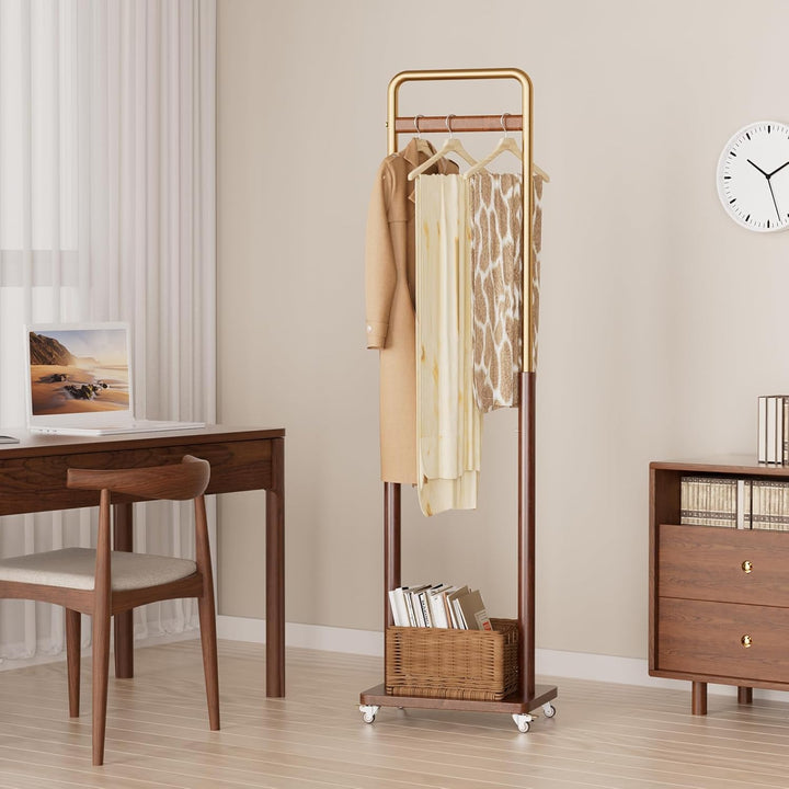 TAITIY Metal & Solid Wood Clothes Rack with Wheels, Slim 15.7" Wide, Walnut Accent