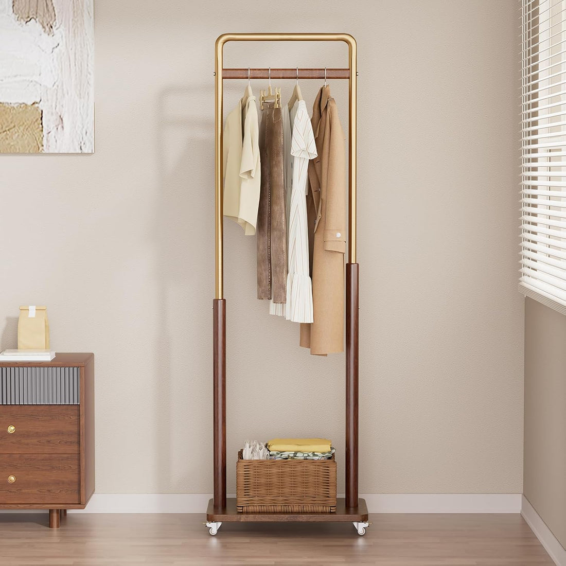 TAITIY Metal & Solid Wood Clothes Rack with Wheels, Wide 18.9" Wide, Walnut Accent