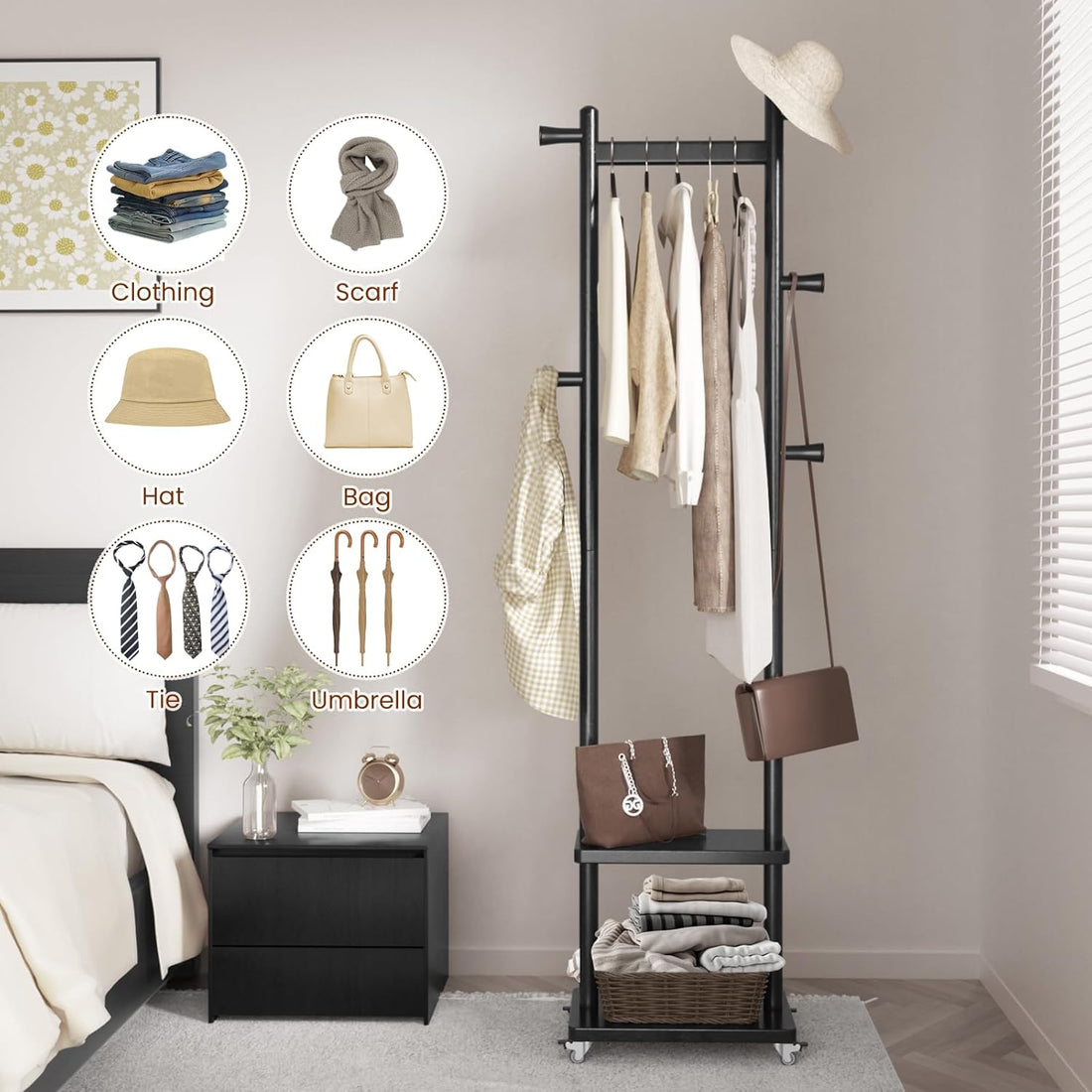 TAITIY Rolling Wood Clothes Rack, 2 Shelves, 5 Hooks, Size S, Black