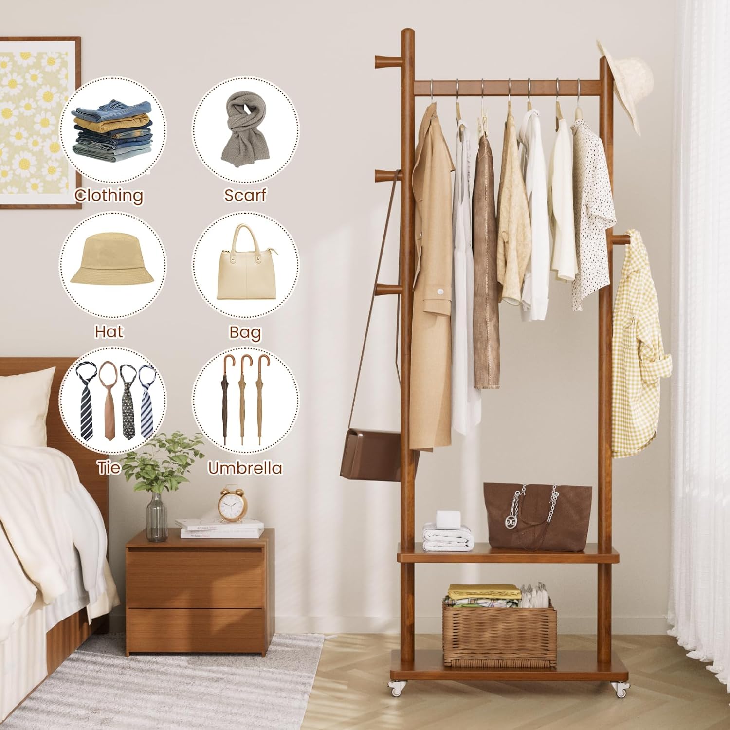 TAITIY Rolling Wood Clothes Rack with Wheels, 2 Shelves, 5 Hooks, Size L, Walnut Brown