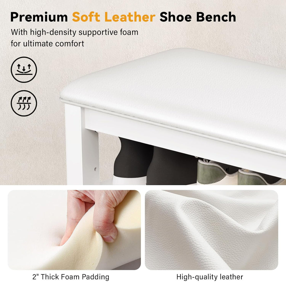 TAITIY 39.4-Inch White Leather Cushion Shoe Storage Bench