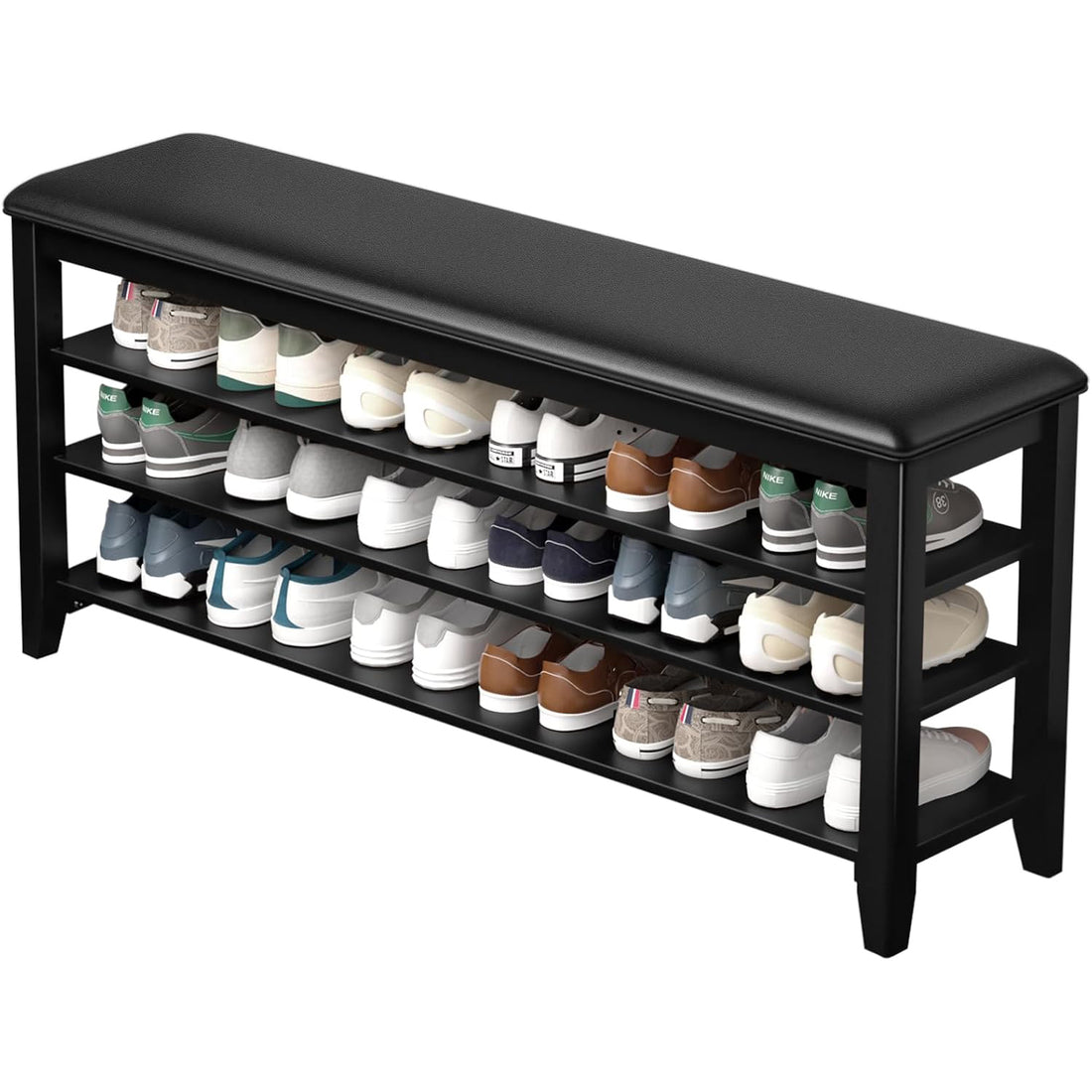 TAITIY 47.2-Inch Black Leather Cushion Shoe Storage Bench