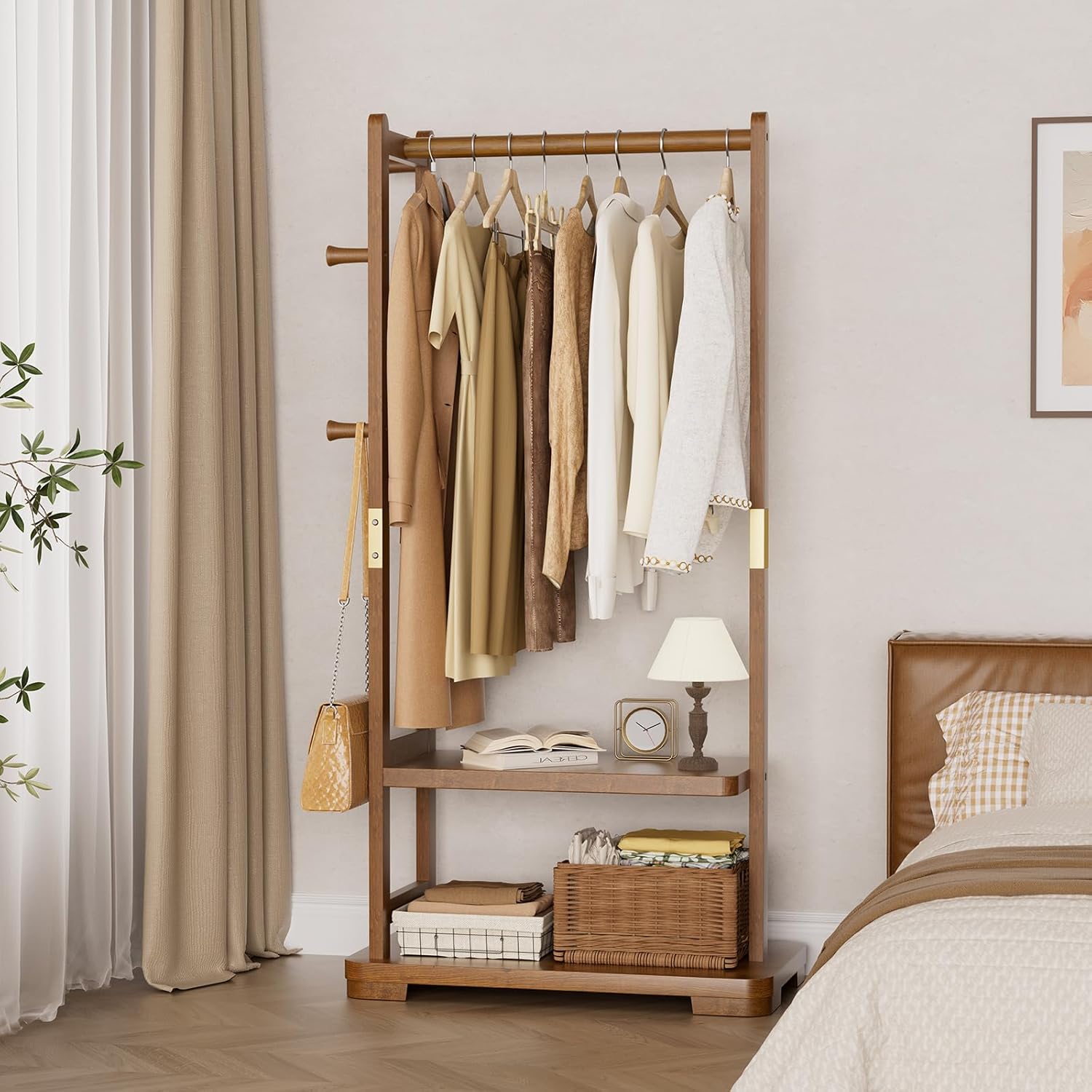 TAITIY Solid Wood Clothes Rack, 2 Shelves & 4 Hooks, Size L 25.98" Wide, Walnut Brown