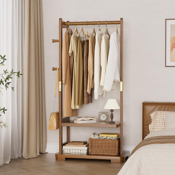 TAITIY Solid Wood Clothes Rack, 2 Shelves & 4 Hooks, Size L 25.98" Wide, Walnut Brown