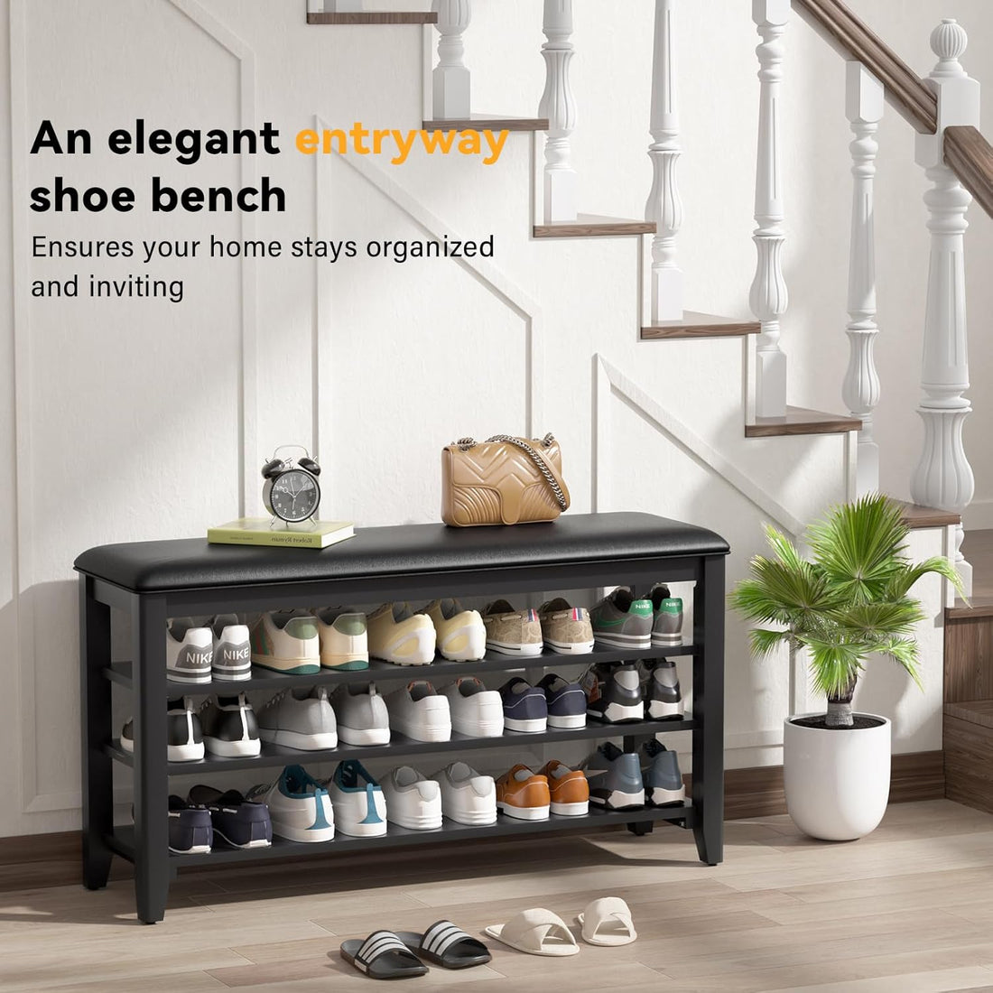 TAITIY 39.4-Inch Black Leather Cushion Shoe Storage Bench