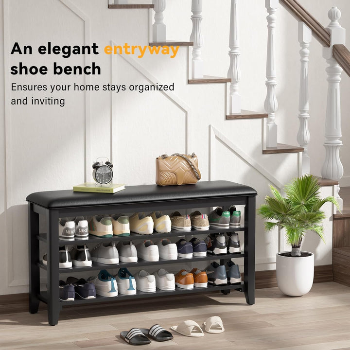 TAITIY 39.4-Inch Black Leather Cushion Shoe Storage Bench